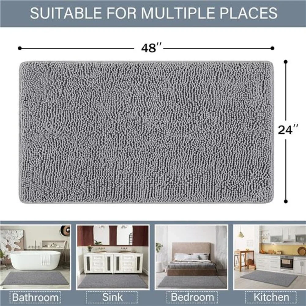 Luxury Shaggy Bath Rug 24x48 Washable Non Slip Chenille Plush Absorbent